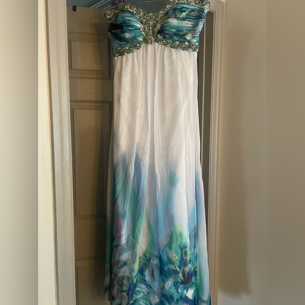 White/Teal/Green/Lavender beaded prom dress